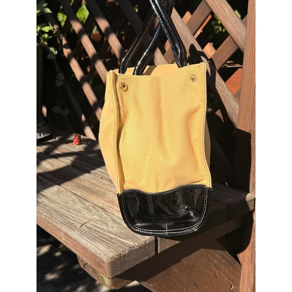 Tory Burch Ella Tote Mustard Yellow Canvas Black Patent Leather Trim Handbag